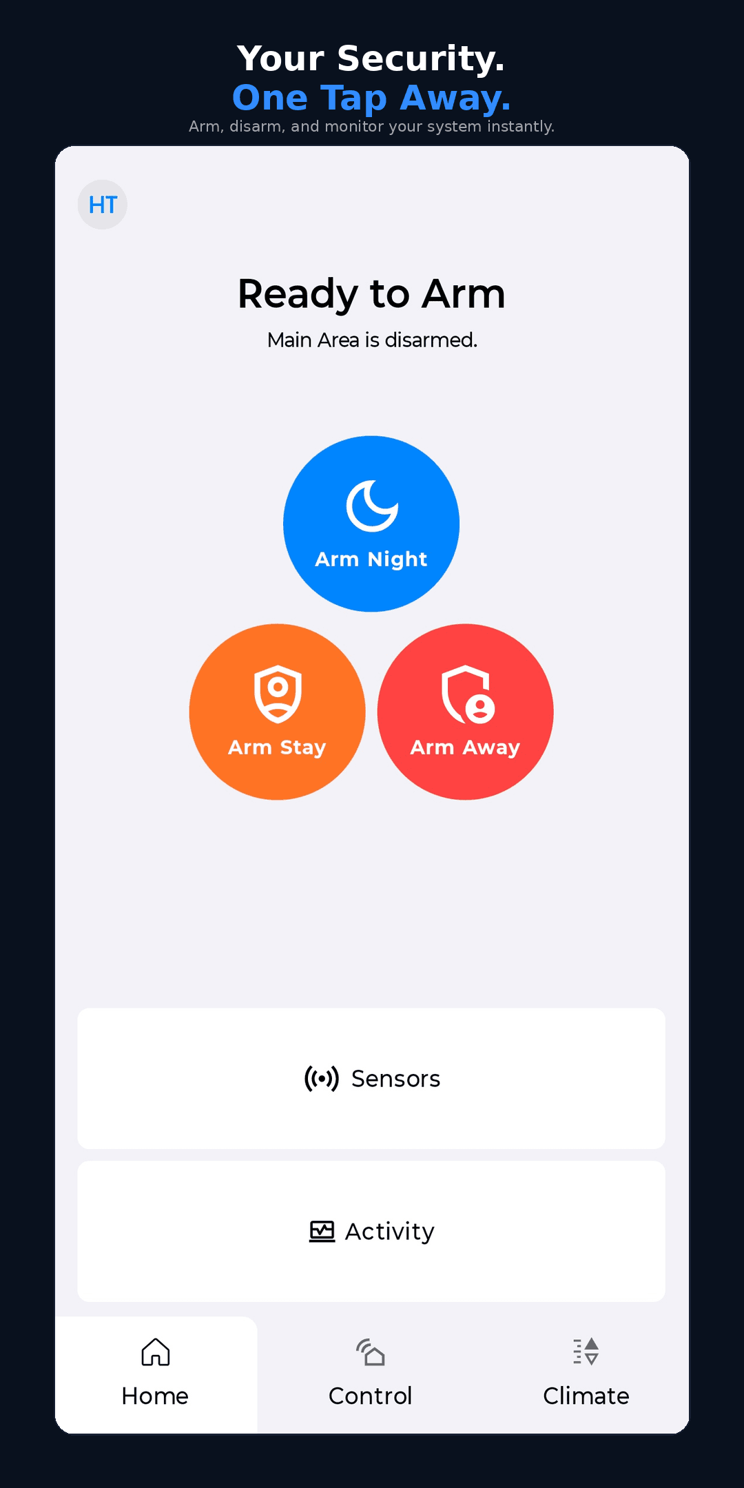 Security home — arm night, stay, or away in one tap